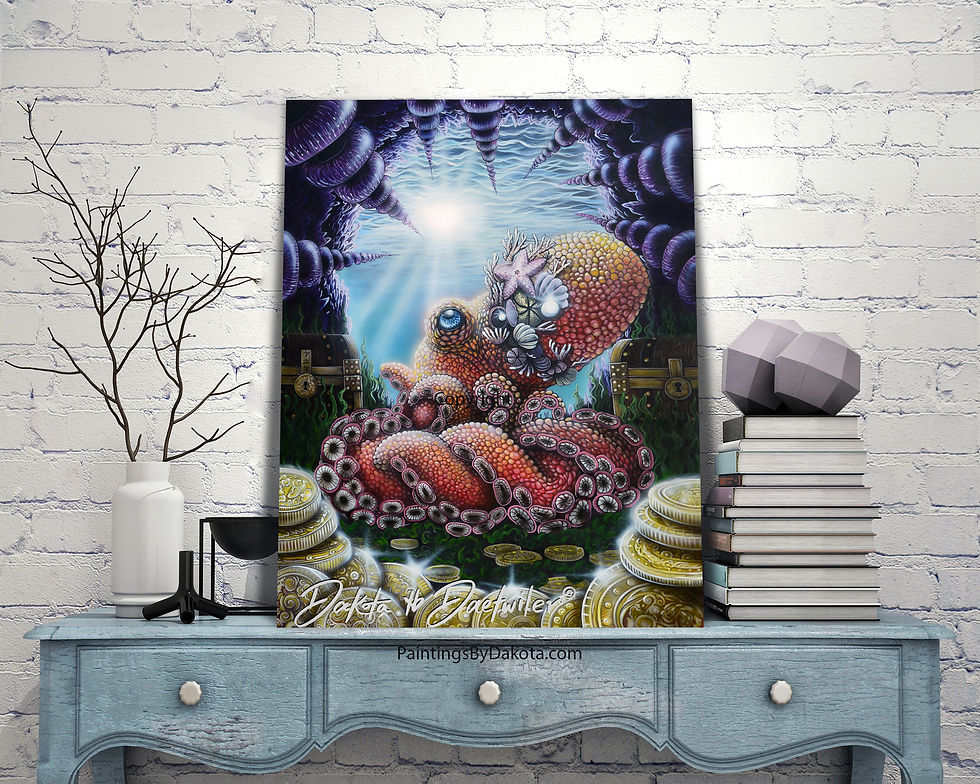 Octopus, Octopus wearing crown, Underwater Treasure, Octopus Guarding Treasure, Agoraphobic, Ocean Fantasy Art,