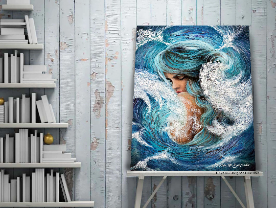 Thumbnail: signed giclee canvas prints, Mermaid, Woman in wave, blue hair, wave, Blue waves, Encompassed by wave, Ocean,