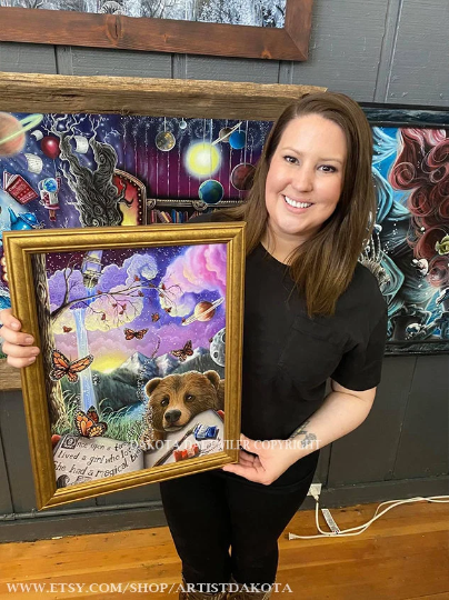 Thumbnail: Adventure through books, bear, butterflies, magical scene, colorful sky, waterfall, mountains, imagination, fantasy art