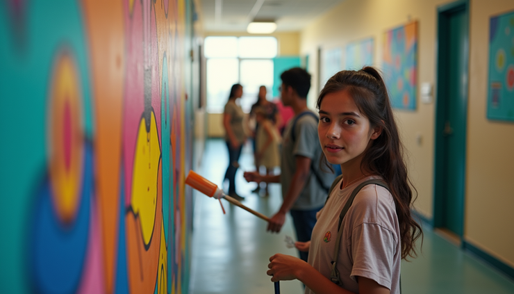 Eye-level view of a colorful mural painted by international school students in a classroom hallway