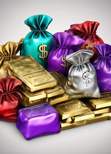 money bags, gold bars, silver bars, coins, dollar sign, purple, teal, red.jpg