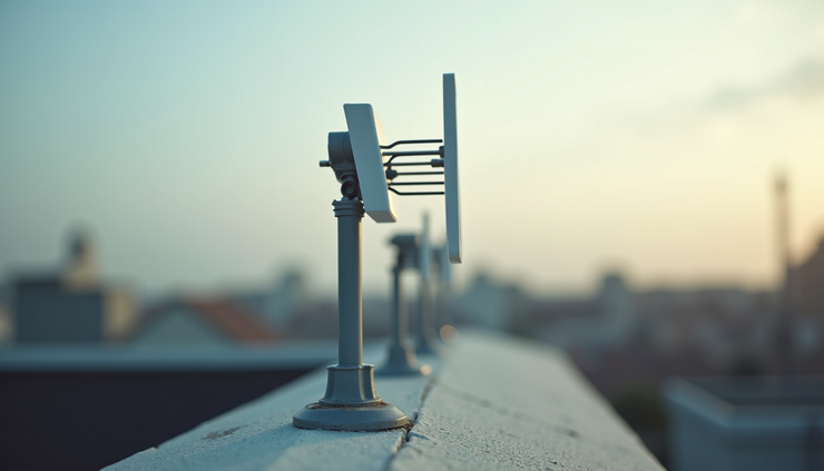 Eye-level view of a community wireless network antenna on a rooftop