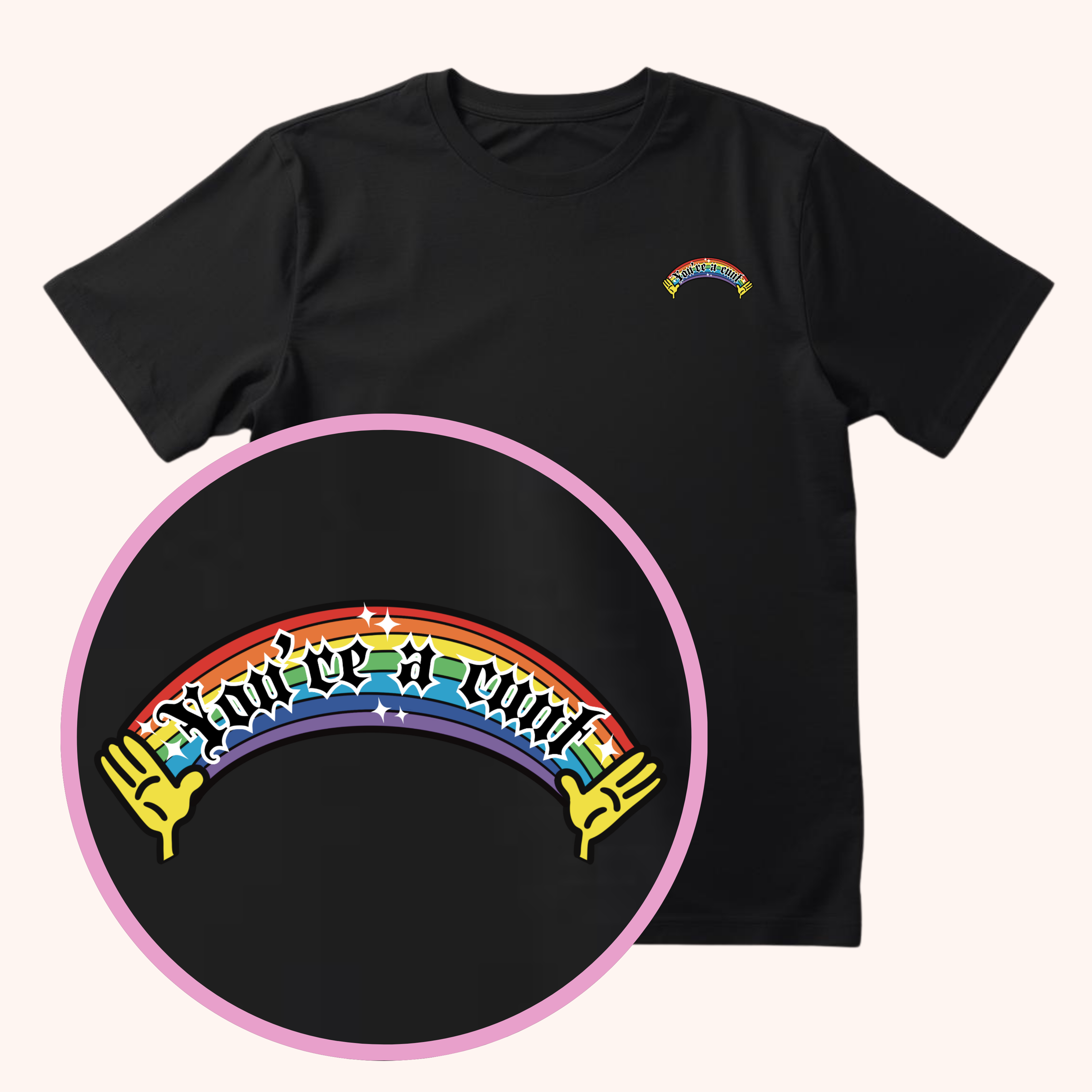 Black T-shirt featuring a colourful rainbow design with yellow hands and the words “You’re a Cunt” in bold, playful lettering