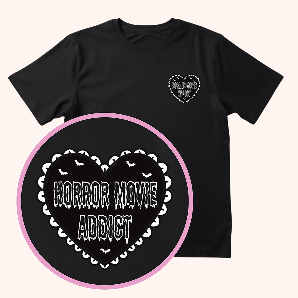 Black T-shirt with a small heart-shaped design reading “Horror Movie Addict” in gothic lettering, decorated with bats