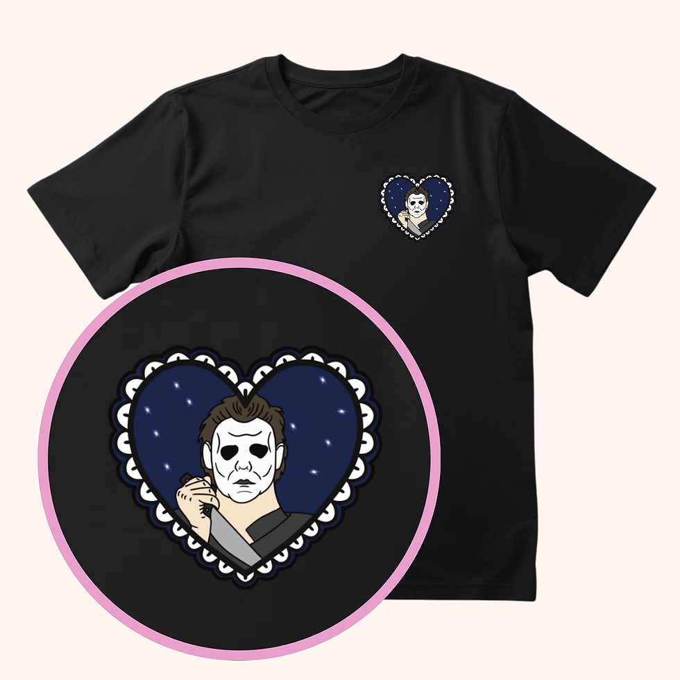 Black T-shirt with a pocket square featuring a cute illustrated Michael Myers horror heart design.