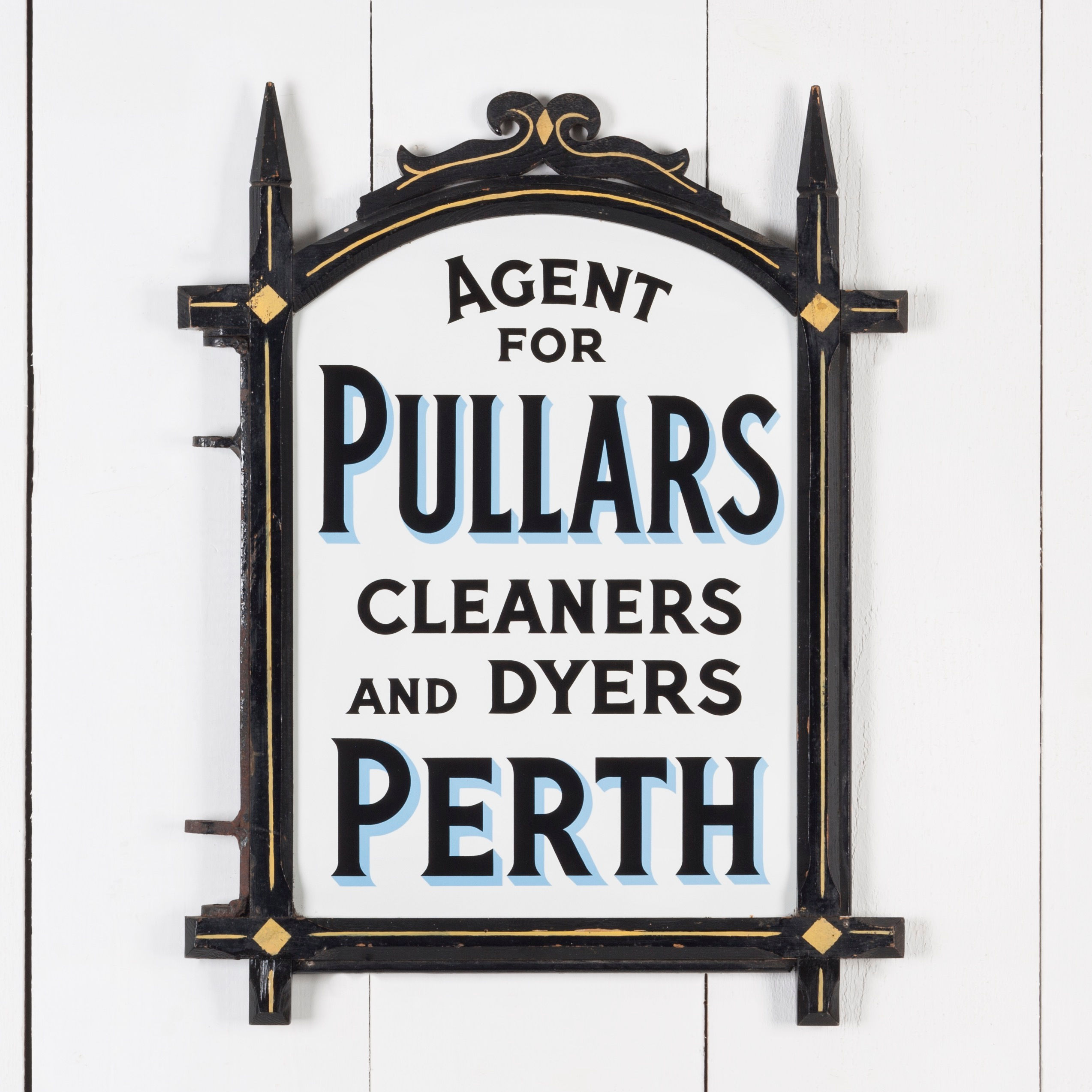 MINT, DOUBLE-SIDED ENAMEL SIGN FOR PULLARS OF PERTH IN ORIGINAL WOODEN FRAME