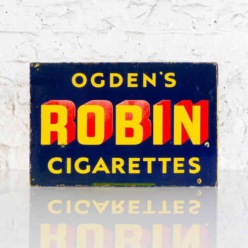 robin cigarettes enamel sign OGDEN'S ROBIN CIGARETTES ENAMEL FLANGE SIGN