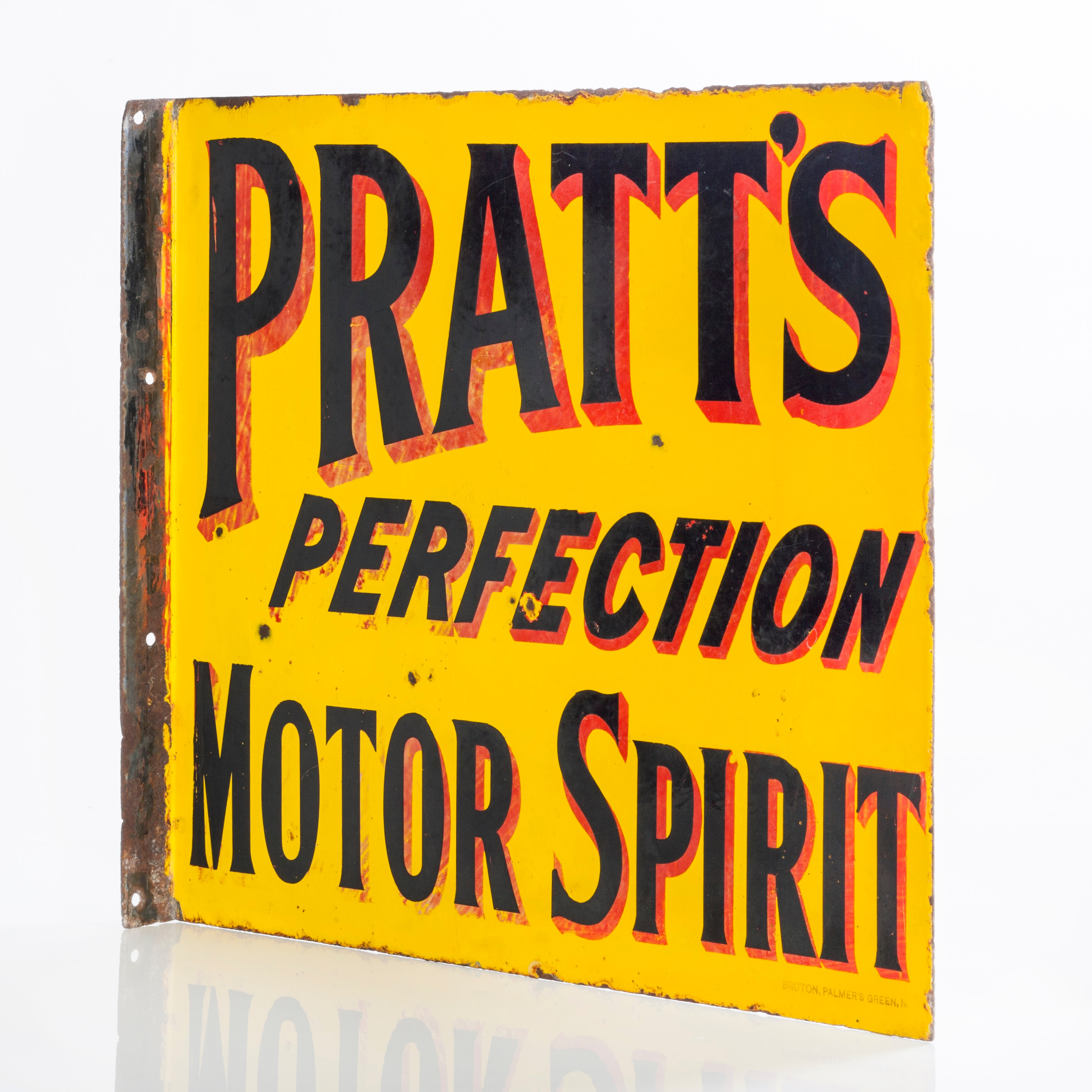 EARLY, DOUBLE-SIDED PRATT'S PERFECTION MOTOR SPIRIT ENAMEL FLANGE SIGN