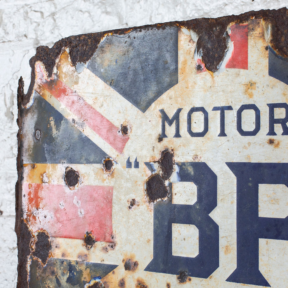 Thumbnail: WONDERFULLY WORN BP MOTOR SPIRIT UNION JACK ENAMEL SIGN