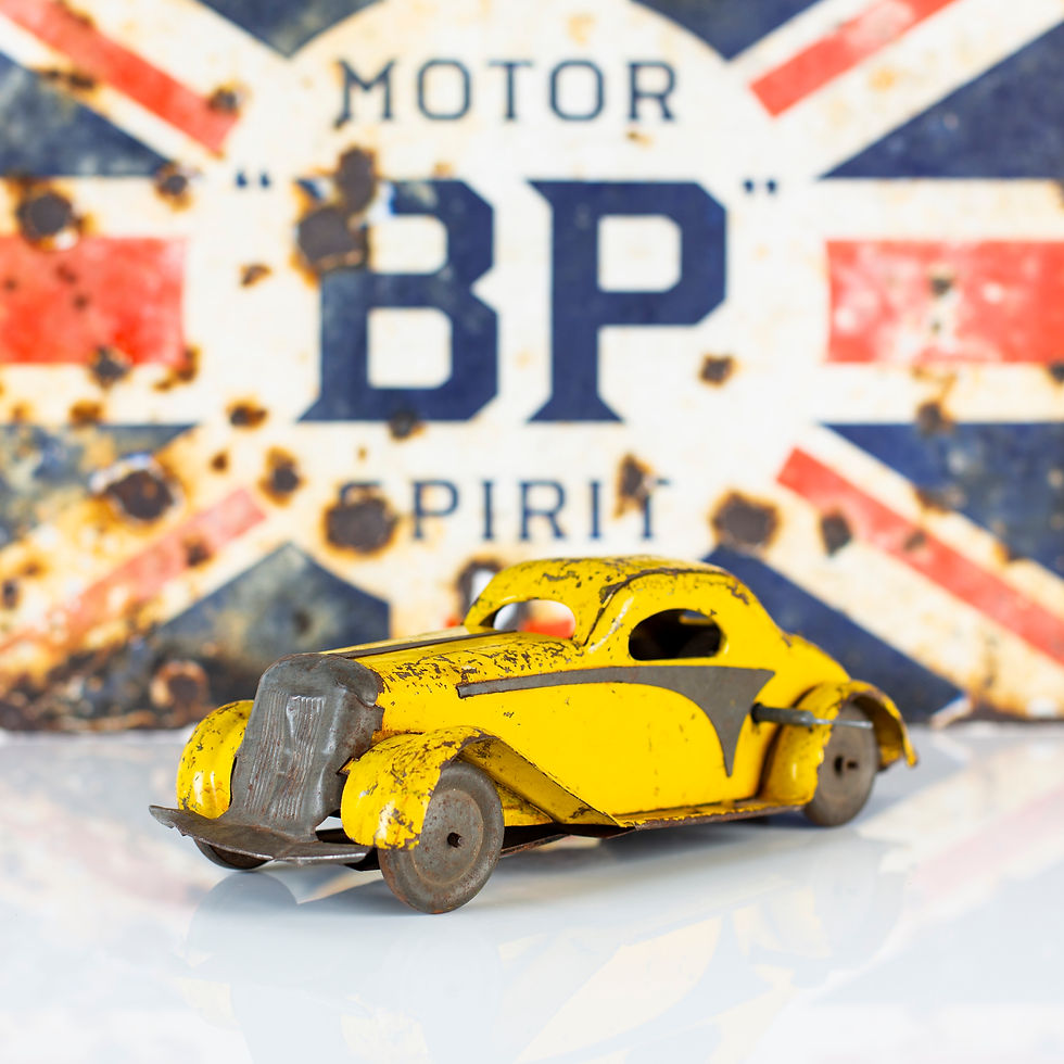 Thumbnail: CHARMINGLY TATTY YELLOW TIN PLATE TOY CAR