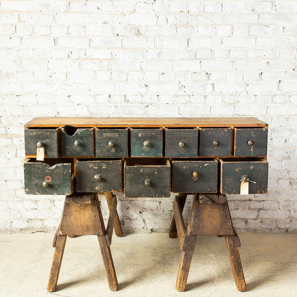 Thumbnail: FANTASTICALLY WORN BANK OF DRAWERS