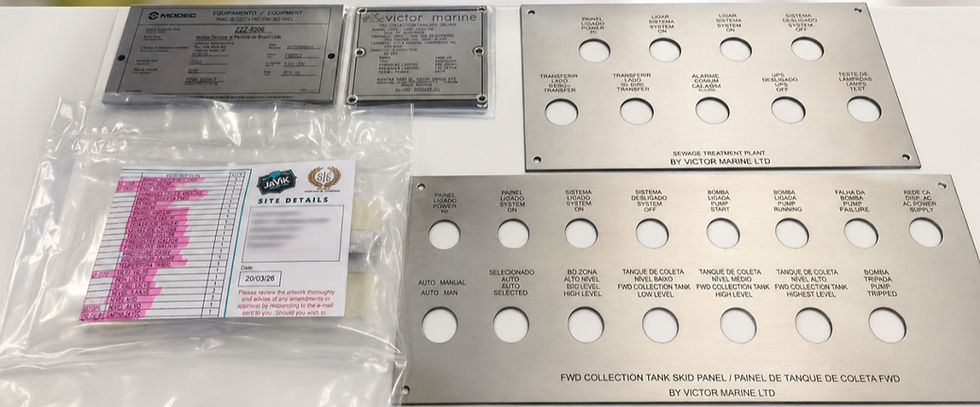 Laser-marked 316 stainless steel control panels and equipment identification plates for an offshore installation. 316 stainless steel is commonly specified where long-term resistance to corrosion, salt spray and aggressive marine environments is essential.