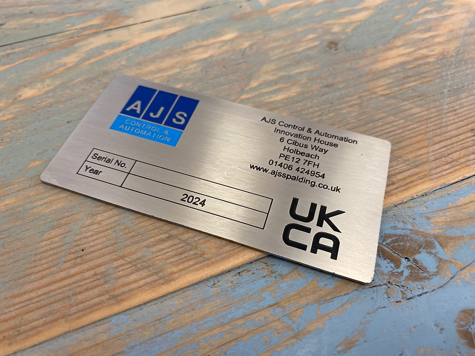 Chemically etched and paint-filled stainless steel asset tag featuring company branding, serial number and UKCA information. Chemical etching produces sharp, consistent detail that is well suited to high-specification industrial nameplates, compliance plates and asset identification.
