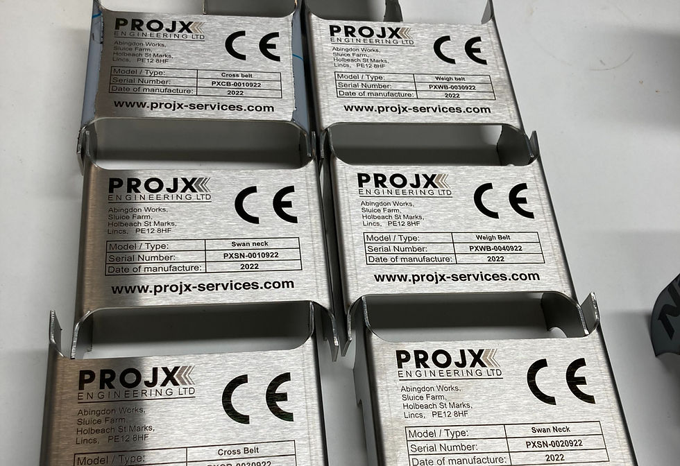 Folded 304 stainless steel data plates permanently laser marked with CE information, serial numbers and equipment identification. 304 stainless steel is the preferred material for most industrial applications, offering an excellent balance of corrosion resistance, durability and cost-effectiveness while providing permanent traceability throughout the equipment's operational life.
