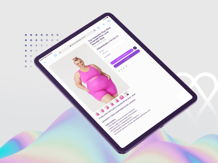 Tablet apple que mostra a secção de produto do site wondersize com fotos das peças informações