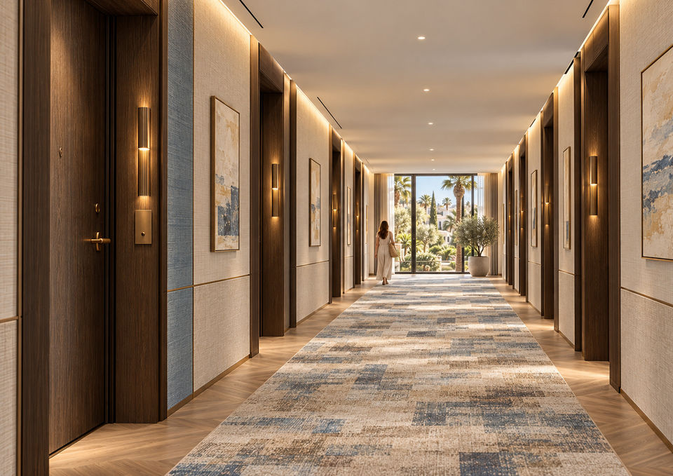 Guestroom-corridor visualisation at Luxury Resort Paphos, with warm timber doors, integrated lighting and garden views.