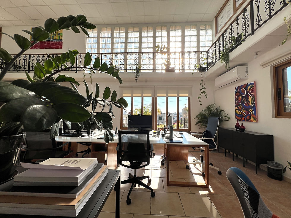 StudioMoiré’s Nicosia workspace, with bespoke workstations, planting and an upper-level glazed balustrade.