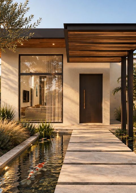 Entrance visualisation at Villa Mazari, Limassol, with a koi pond beside a stone walkway and timber entrance canopy.