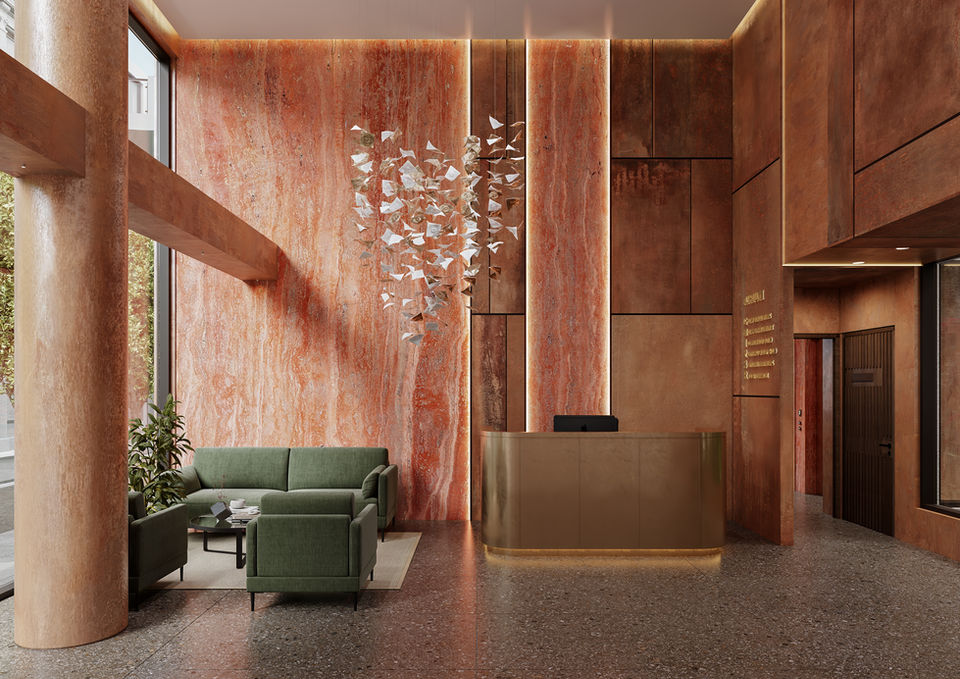 Atrium reception visualisation, Limassol, with green modular seating and a suspended sculptural installation.