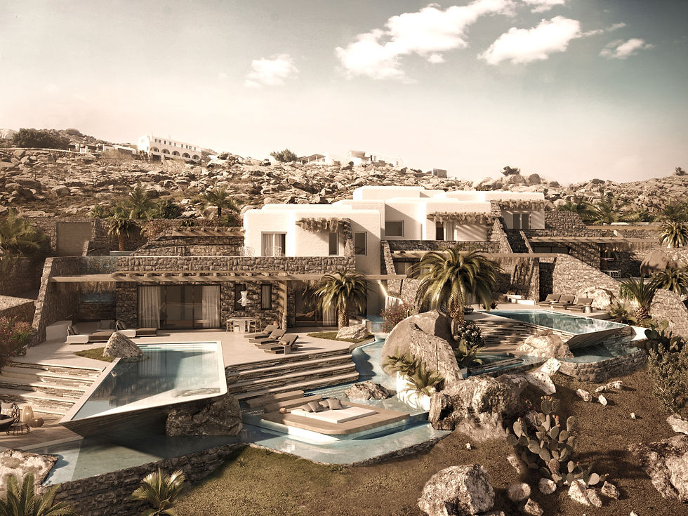 Architectural visualisation of Luxury Villas in Mykonos, with white volumes, natural stone walls and pools integrated into the hillside