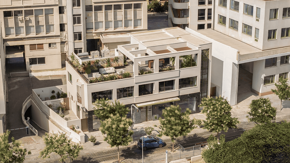 Elevated view of Luminar headquarters and planted rooftop terrace on Stasikratous Street
