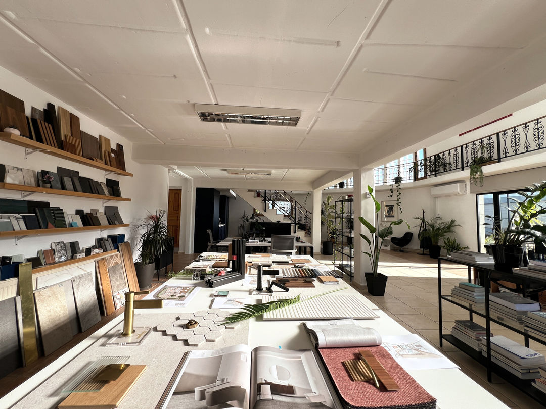 The material library in the MOIRE studio, this area is used for creating physical moodboards for the clients to view.