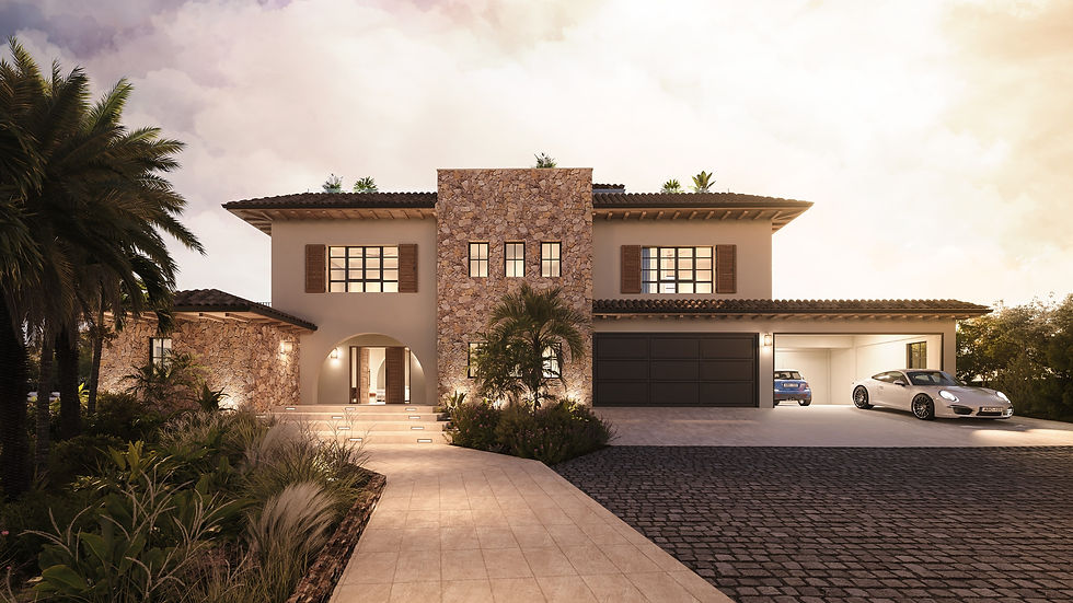 Tuscan-inspired stone villa at dusk