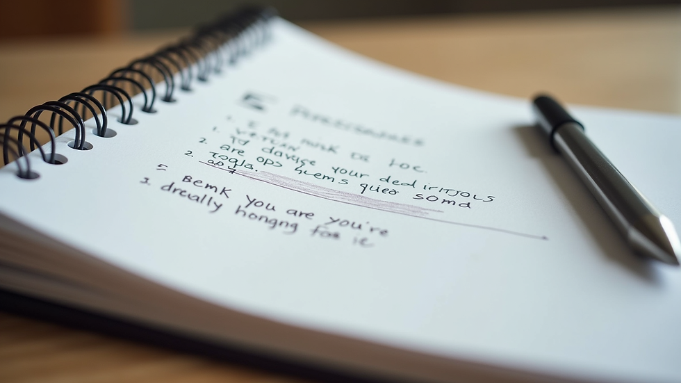 Close-up view of a notebook with handwritten CBT exercises and a pen