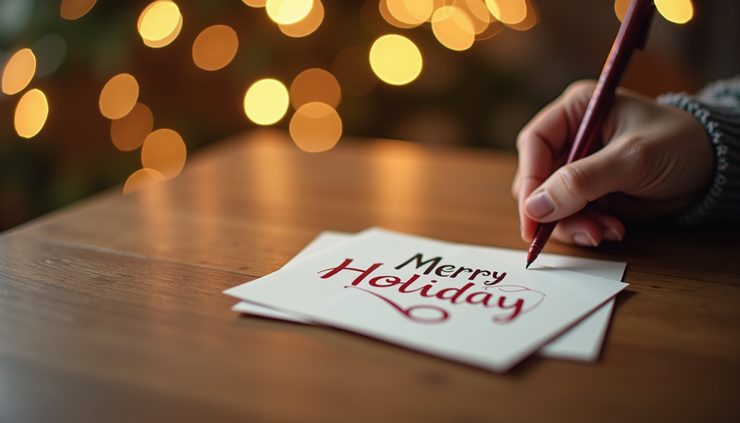 Close-up view of a handwritten holiday card with a warm message on a wooden table