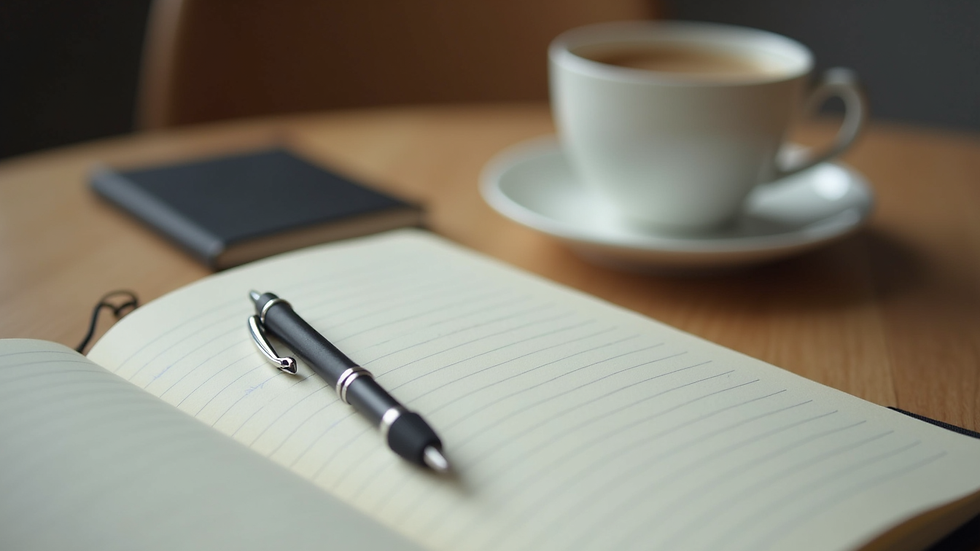 Close-up view of a notebook with a pen and a cup of tea on a table