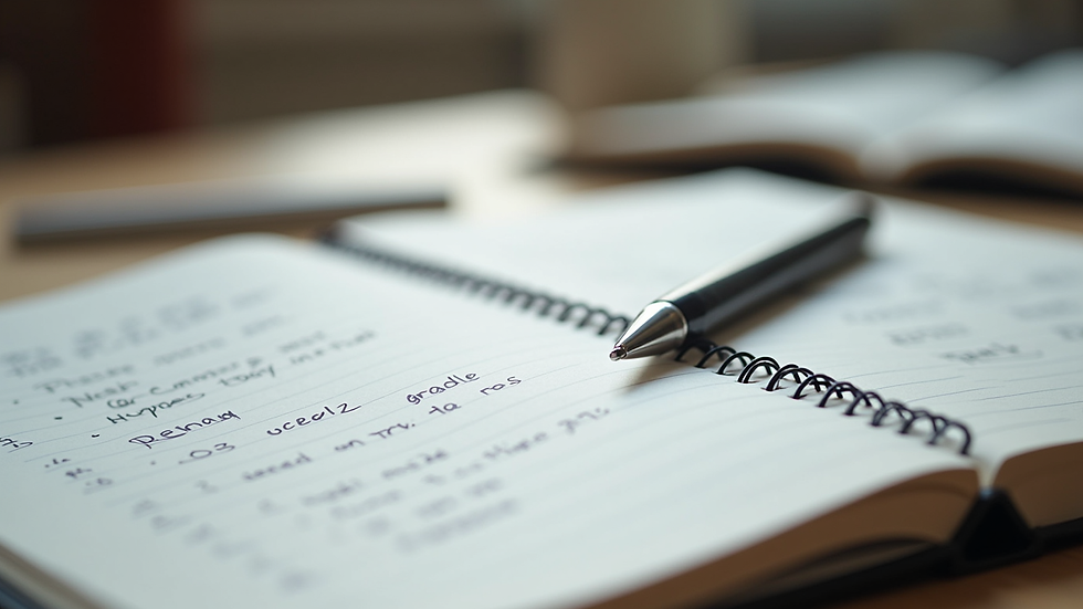 Close-up view of a notebook with handwritten coping strategies and a pen