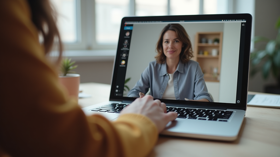 Close-up view of a laptop screen showing a video call with a therapist