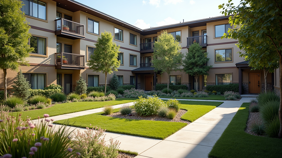 Close-up view of a landscaped courtyard in a Calgary multi family housing complex