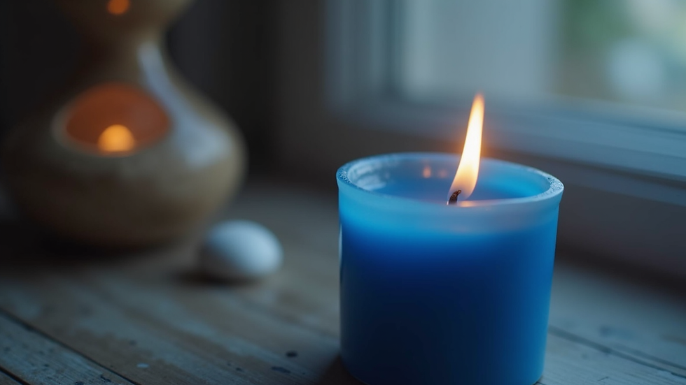 Close-up view of a blue candle burning in a sacred space for spiritual healing
