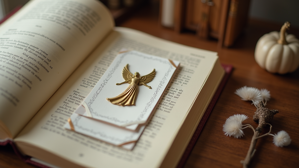 High angle view of angel cards and a journal on a cozy table