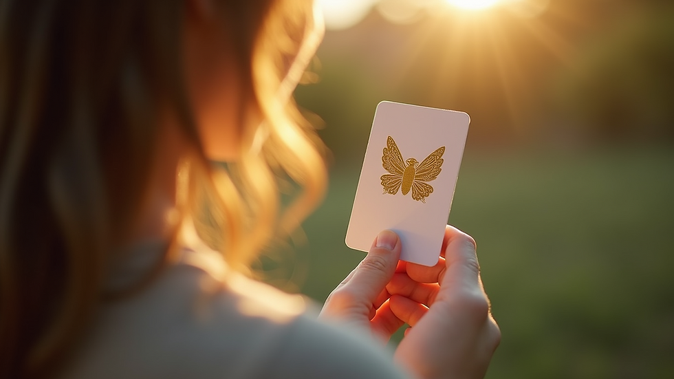 Eye-level view of a person holding an angel card with soft natural light