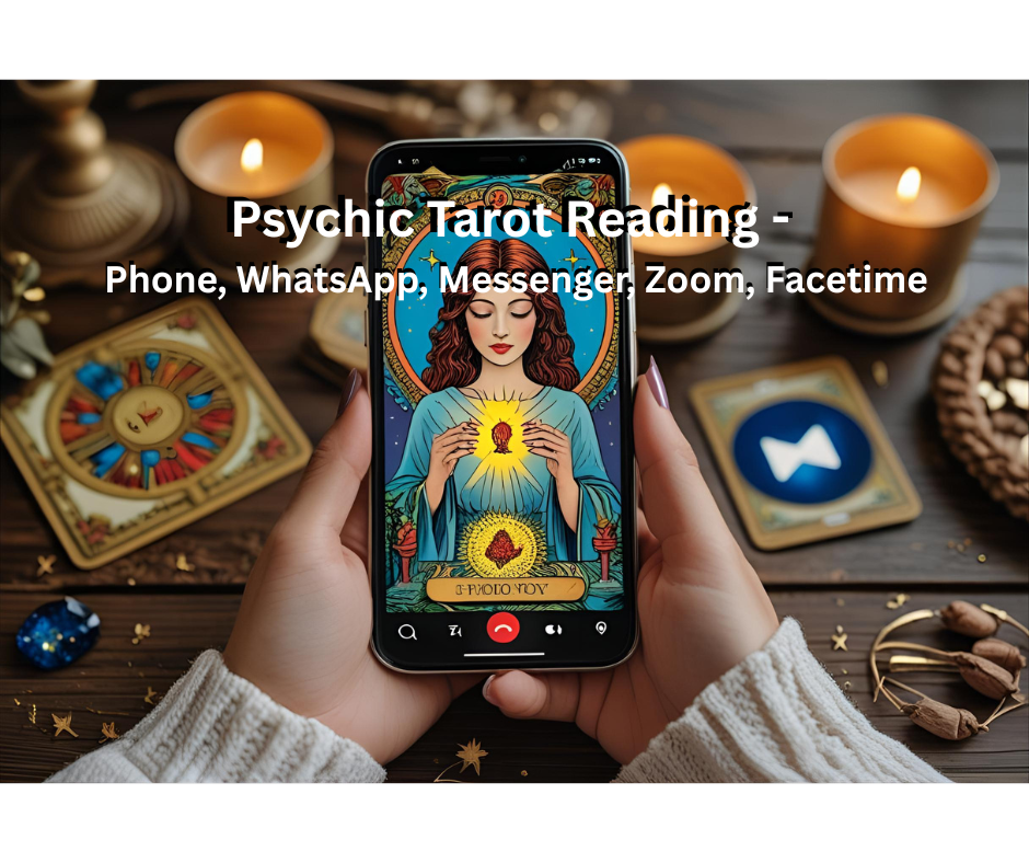 Psychic Tarot Reading by Phone, WhatsApp, Messenger, Zoom, Facetime – person holding smartphone with tarot card image, candle