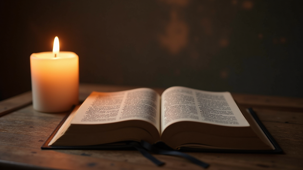 Eye-level view of a glowing candle beside an open spiritual book