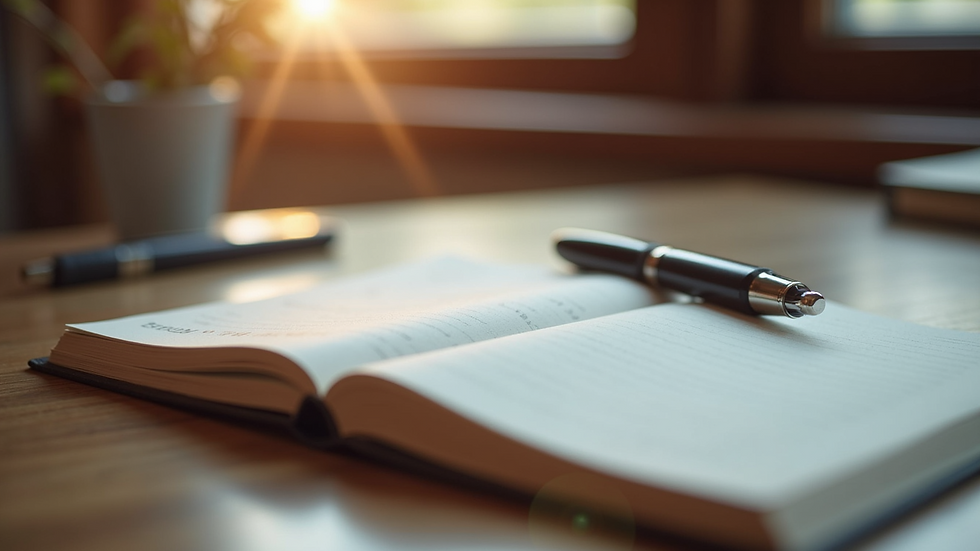 Close-up view of a journal and pen on a wooden table, symbolizing reflection and personal growth