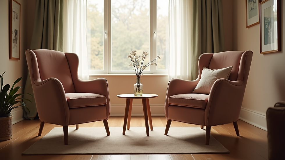 Eye-level view of a cozy therapy room with two chairs facing each other