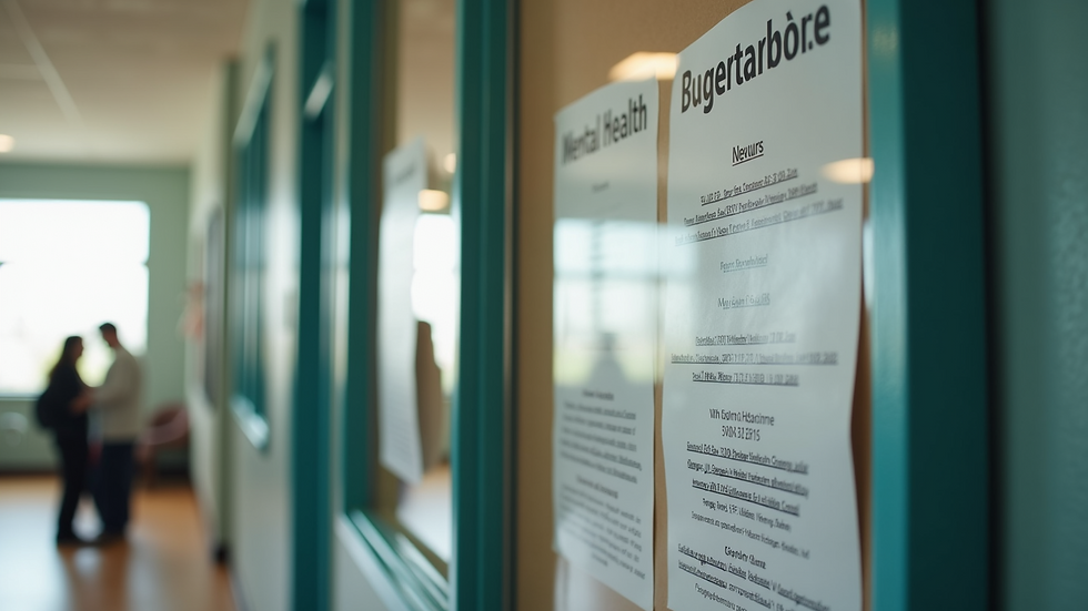 High angle view of a community center bulletin board with mental health resources