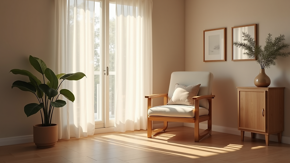 Eye-level view of a cozy therapy room with a comfortable chair and soft lighting