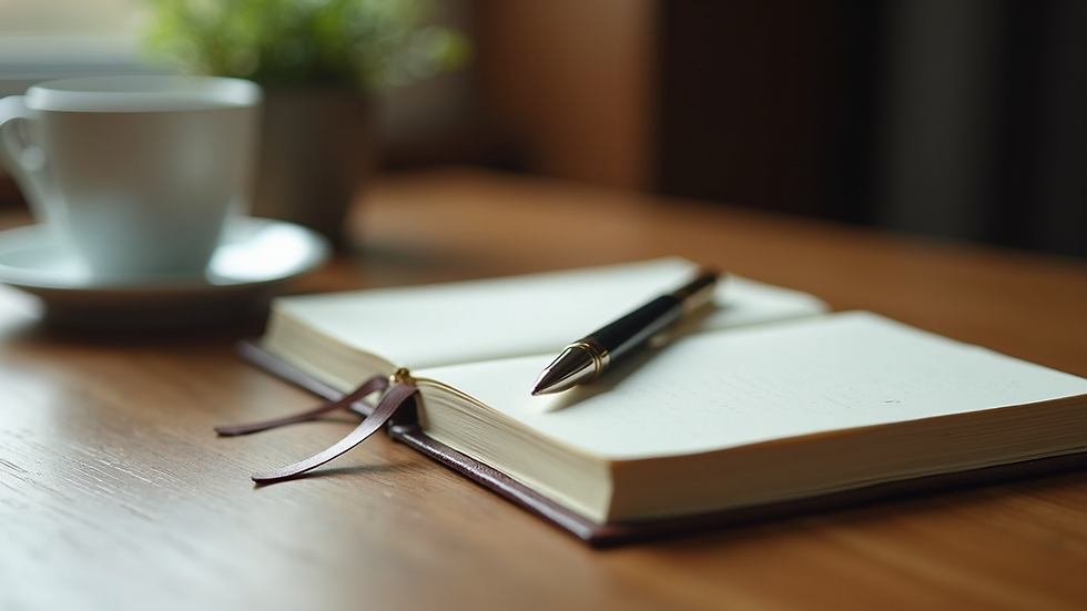 Close-up view of a journal and pen on a wooden table, symbolizing personal reflection