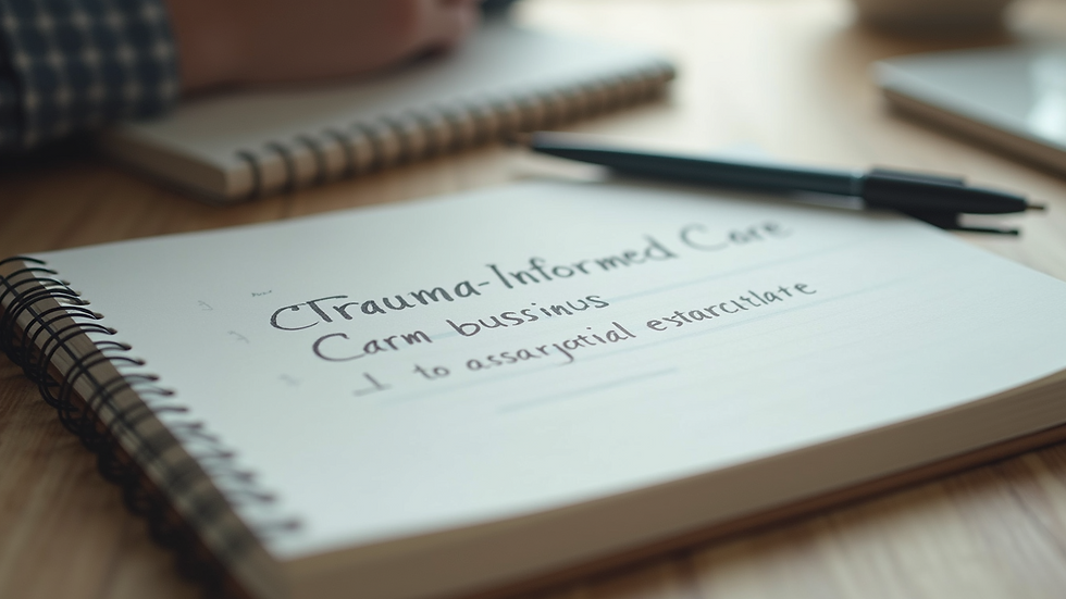 Close-up view of a therapist’s notebook with calming words and notes on trauma-informed care