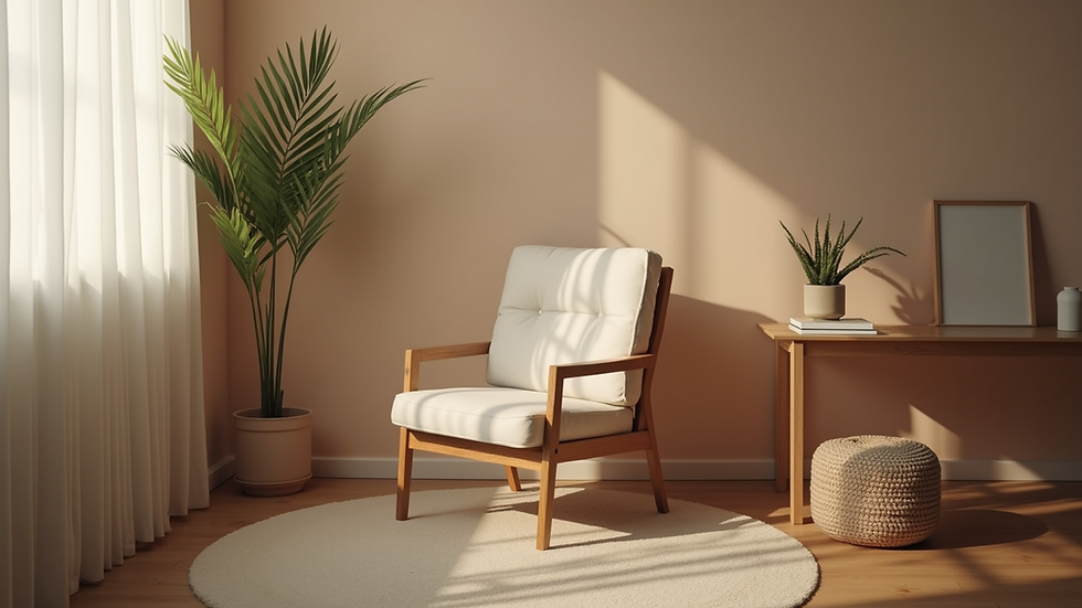 Eye-level view of a cozy therapy room with a comfortable chair and soft lighting