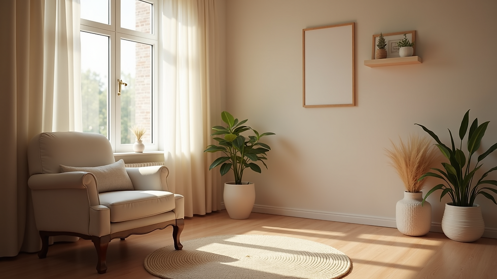Eye-level view of a cozy therapy room with a comfortable chair and soft lighting