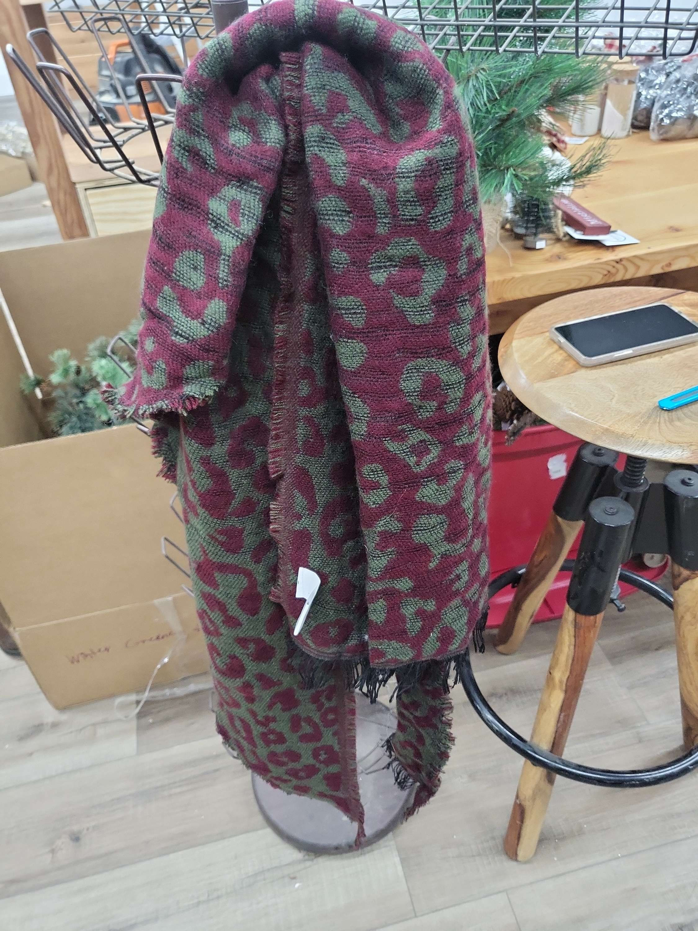 Burgundy olive leopard print lightweight scarf