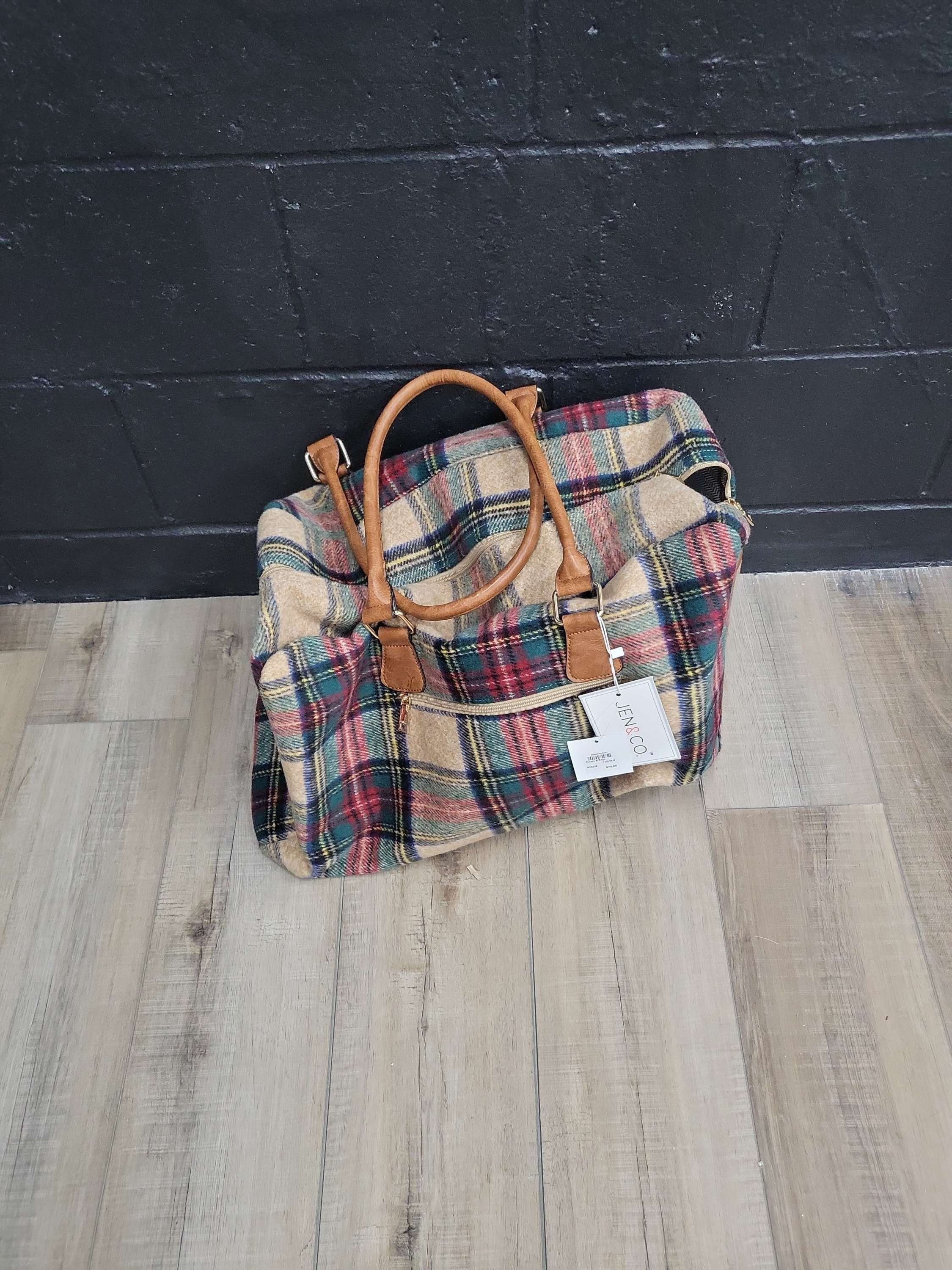 Red green tan plaid travel bag