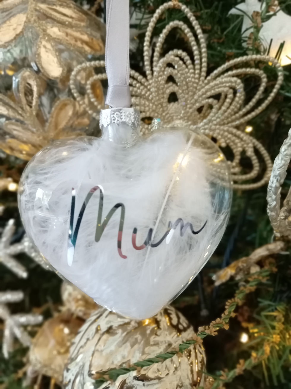 Thumbnail: Personalised Memory Heart Feather GLASS Christmas Tree Bauble 