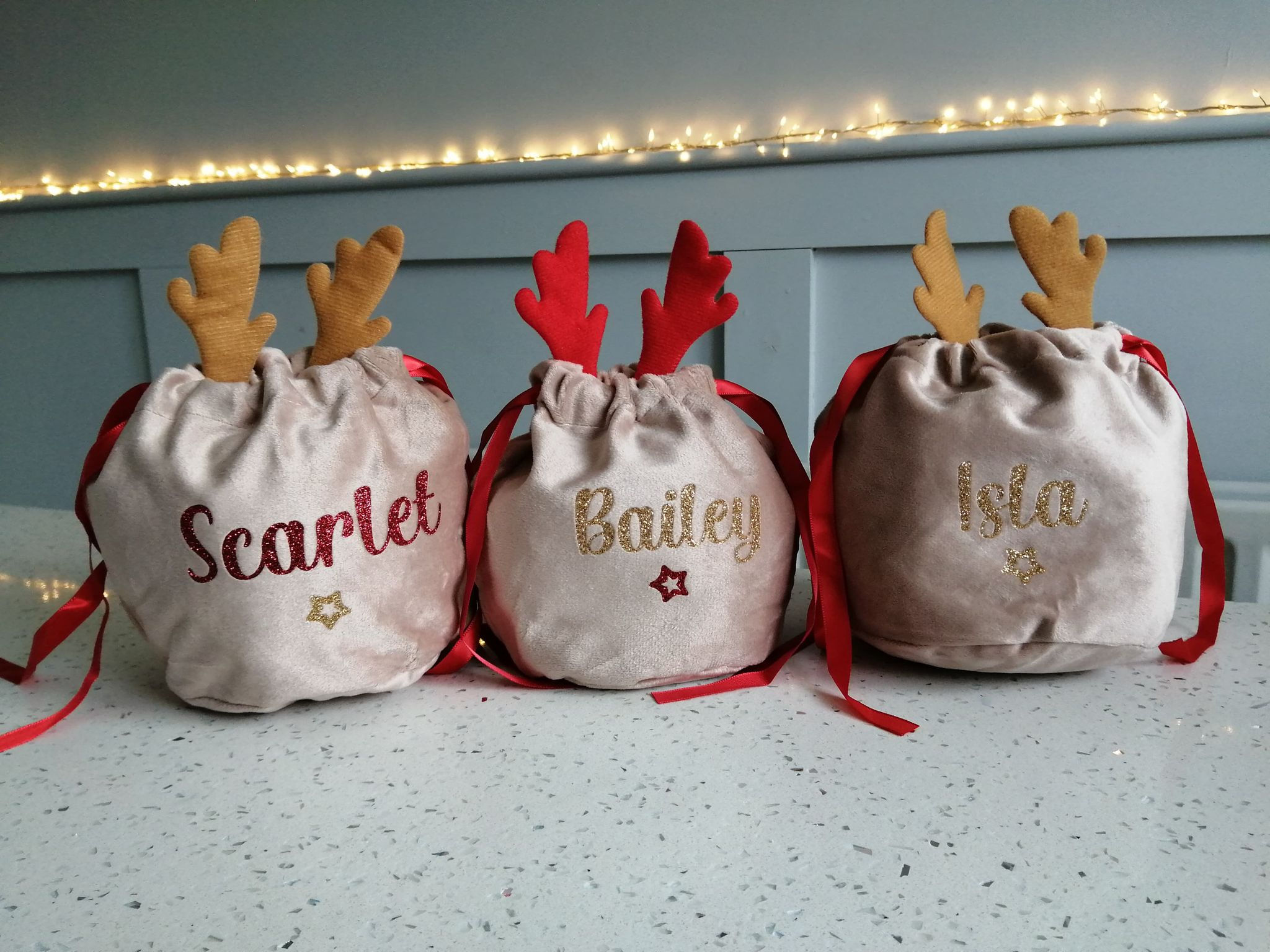 Personalised Larger Christmas Reindeer Antler Velvet Bag